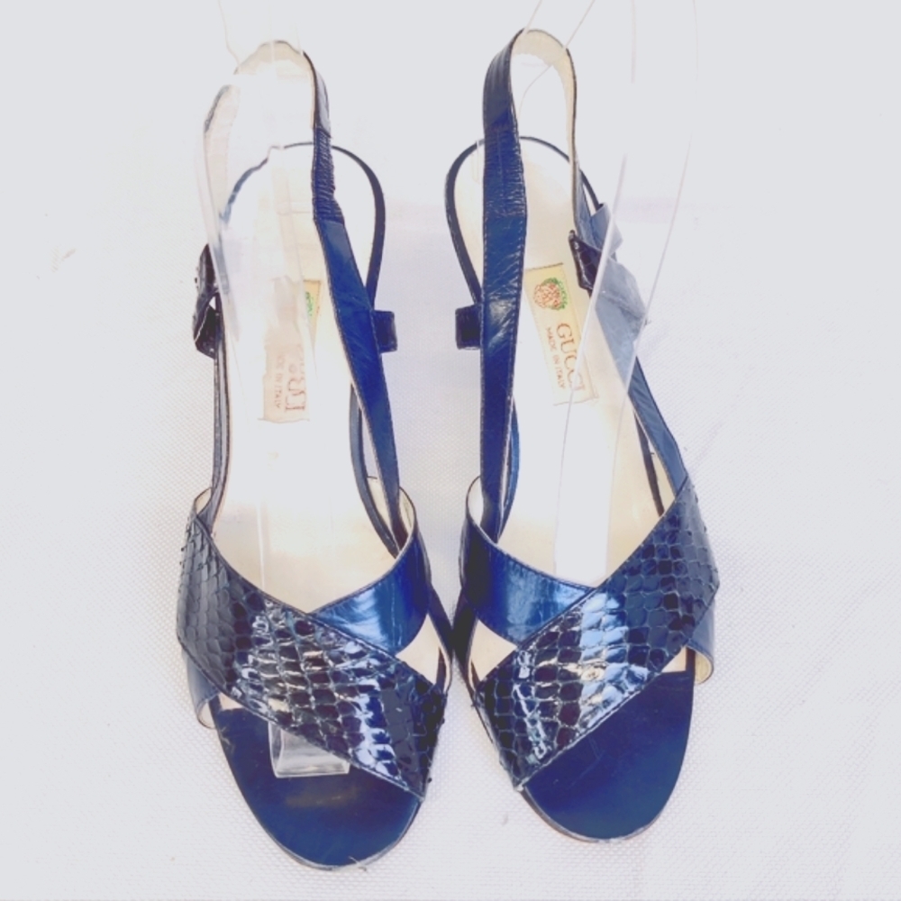 Gucci Blue Snakeskin Slingback Heels Size 37 Vintage 70s–80s Sandals Made Italy - Picture 15 of 15